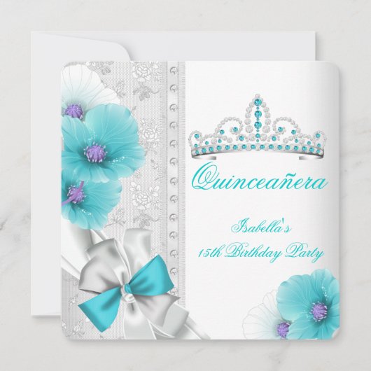 Invitation Quinceanera Turquoise Bleu Blanc Floral Diamant Ti (Devant)