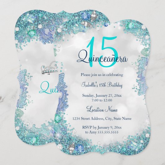Invitation Quinceanera Turquoise Bleu Blanc Océan Ciel Annive (Devant / Derrière)