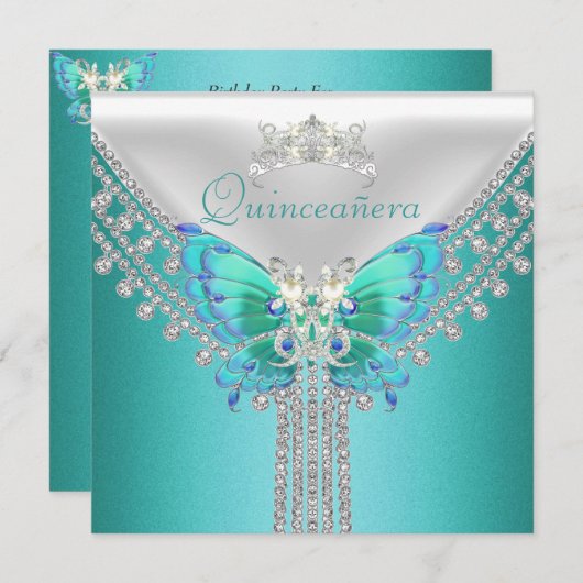 Invitation Quinceañera Turquoise Bleu Blanc Papillon Diamant (Devant / Derrière)