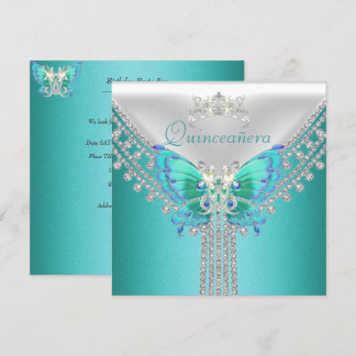 Invitation Quinceañera Turquoise Bleu Blanc Papillon Diamant