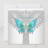 Invitation Quinceañera Turquoise Bleu Blanc Papillon Diamant (Devant)