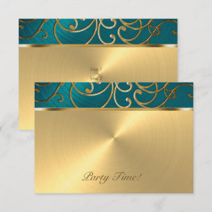 Invitation Quinceanera Turquoise Bleu Vert et Or Filigree