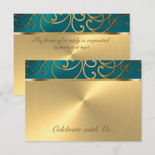 Invitation Quinceanera Turquoise Bleu Vert et Or Filigree