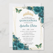 Invitation Quinceañera Turquoise Bleu Vert Floral Papillons (Devant)