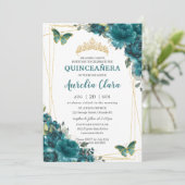 Invitation Quinceañera Turquoise Bleu Vert Floral Papillons (Debout devant)