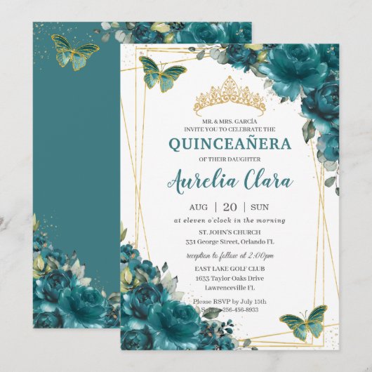 Invitation Quinceañera Turquoise Bleu Vert Floral Papillons (Devant / Derrière)
