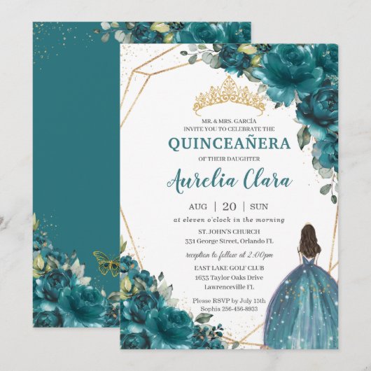 Invitation Quinceañera Turquoise bleu vert Floral Princesse C (Devant / Derrière)
