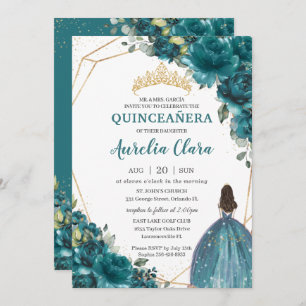 Invitation Quinceañera Turquoise bleu vert Floral Princesse C