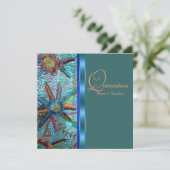 Invitation Quinceanera turquoise bleue orange perlée (Debout devant)