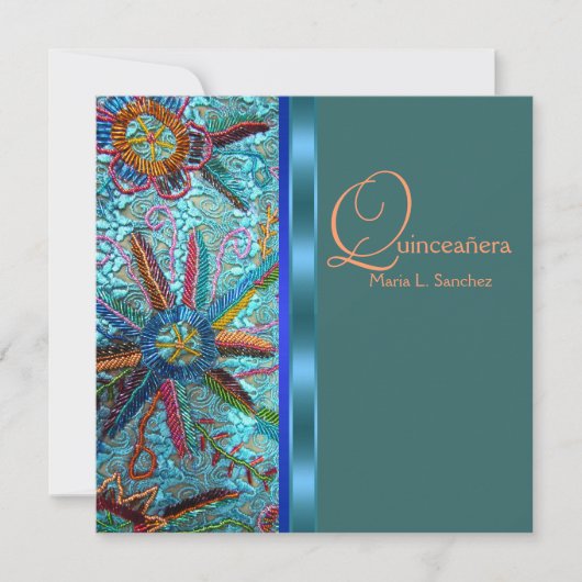 Invitation Quinceanera turquoise bleue orange perlée (Devant)