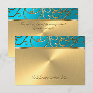 Invitation Quinceanera Turquoise Blue et Gold Filigree