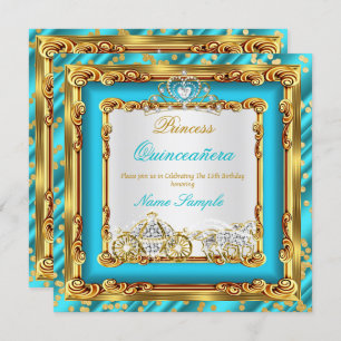 Invitation Quinceanera Turquoise Blue Gold Diamond Horse Carr