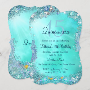 Invitation Quinceanera Turquoise Blue Ocean Jewel Anniversair