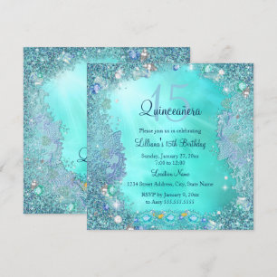 Invitation Quinceanera Turquoise Blue Ocean Jewel Anniversair