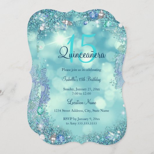 Invitation Quinceanera Turquoise Blue Ocean Sky fête d'annive (Devant / Derrière)
