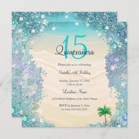 Invitation Quinceanera Turquoise Blue Sand Ocean Beach Annive (Devant / Derrière)