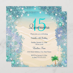 Invitation Quinceanera Turquoise Blue Sand Ocean Beach Annive