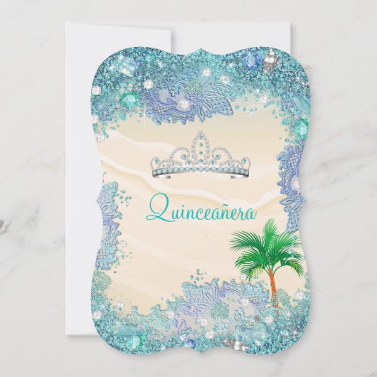 Invitation Quinceanera Turquoise Blue Sand Ocean Beach Annive (Dos)