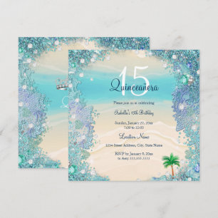 Invitation Quinceanera Turquoise Blue Sand Ocean Beach Annive