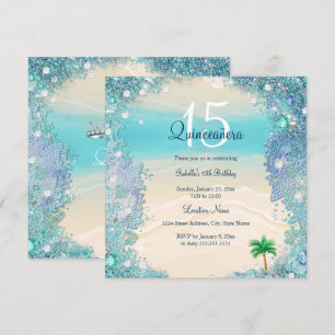 Invitation Quinceanera Turquoise Blue Sand Ocean Beach Annive