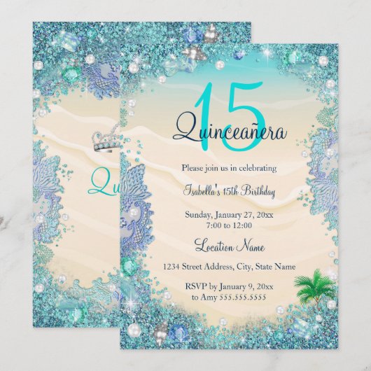 Invitation Quinceanera Turquoise Blue Sand Ocean Beach Annive (Devant / Derrière)