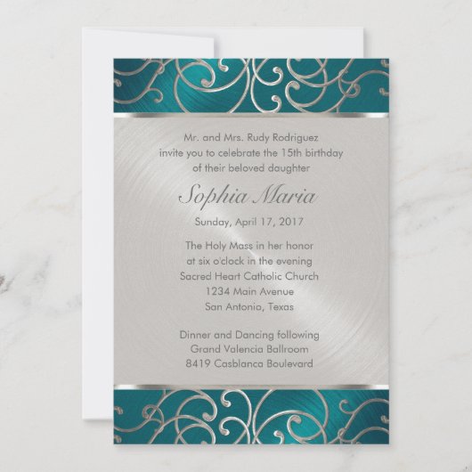 Invitation Quinceanera Turquoise Blue Silver Filigree (Devant)