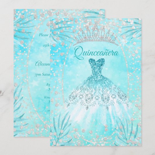 Invitation Quinceanera Turquoise Blue Tiara robe hiver Annive (Devant / Derrière)