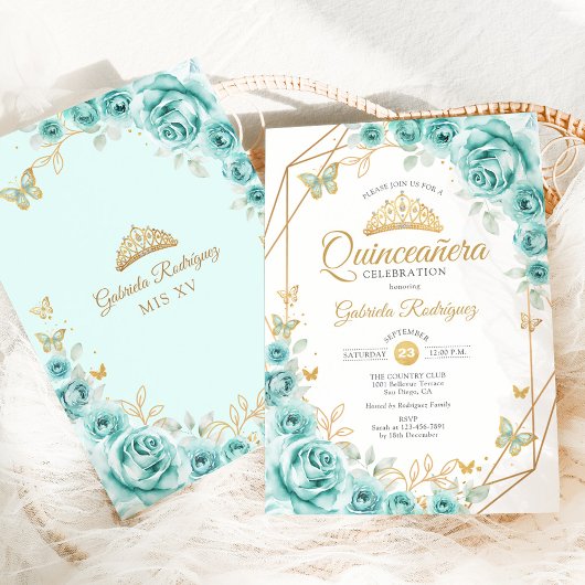 Invitation Quinceanera Turquoise Floral Or