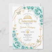 Invitation Quinceanera Turquoise Floral Or (Devant)