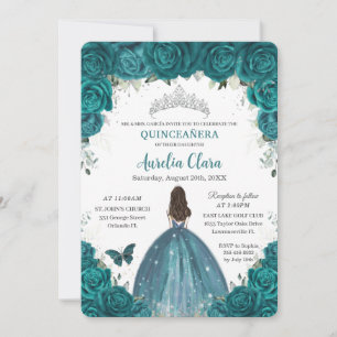 Invitation Quinceañera Turquoise Floral Papillons Argent Tiar