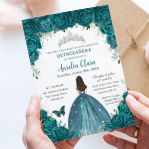 Invitation Quinceañera Turquoise Floral Papillons Argent Tiar