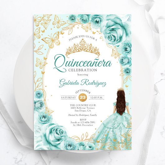 Invitation Quinceanera Turquoise Gold Floral