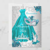 Invitation Quinceanera Turquoise Masque Robe Argent Mascarade (Devant)