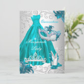 Invitation Quinceanera Turquoise Masque Robe Argent Mascarade (Debout devant)