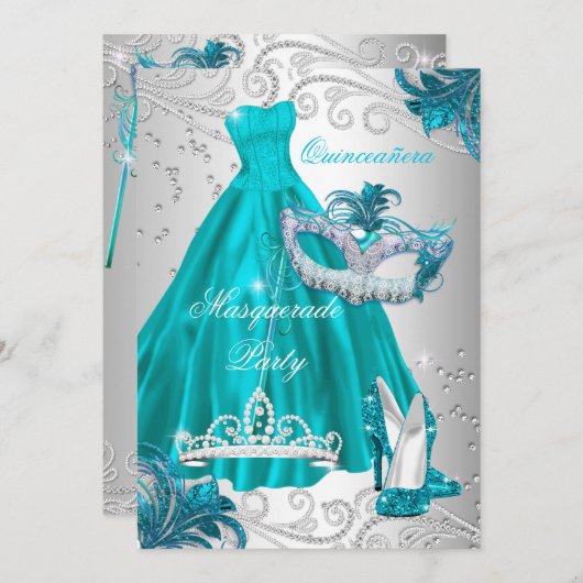 Invitation Quinceanera Turquoise Masque Robe Argent Mascarade (Devant / Derrière)