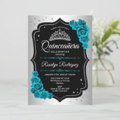 Invitation Quinceanera Turquoise noire en argent (Debout devant)