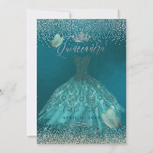 Invitation Quinceanera Turquoise Ombre Papillons Princesse Go (Devant)