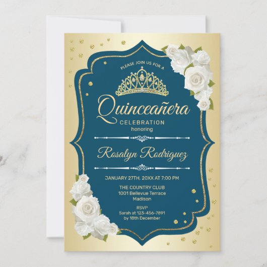 Invitation Quinceanera turquoise or élégant (Devant)