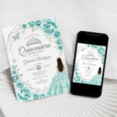 Invitation Quinceanera Turquoise Robe Argent Floral