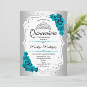 Invitation Quinceanera Turquoise royale blanche en argent (Debout devant)