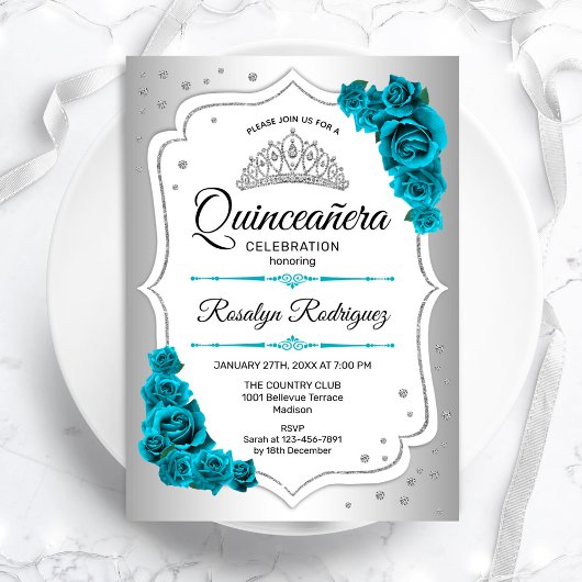 Invitation Quinceanera Turquoise royale blanche en argent