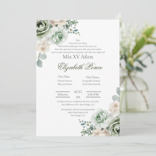 Invitation Quinceañera vert émeraude (Debout devant)