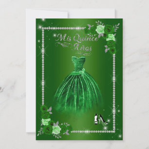 Invitation Quinceanera Vert et Argent Floral Élégant