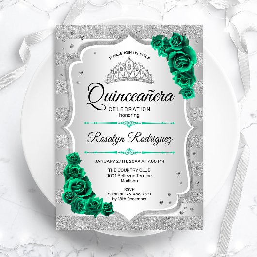 Invitation Quinceanera verte argent