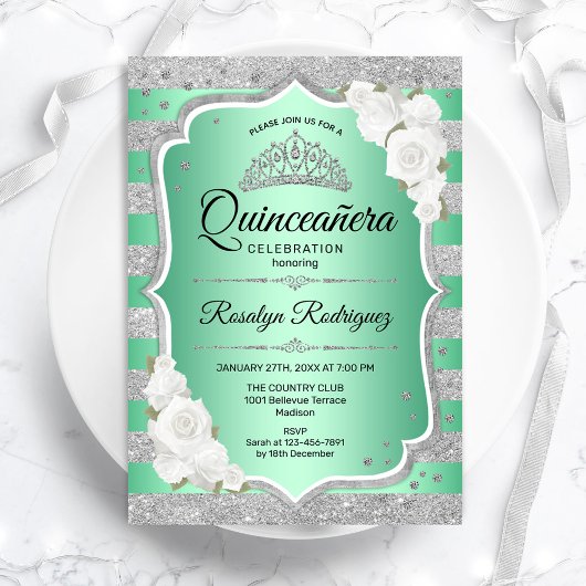 Invitation Quinceanera verte argentée