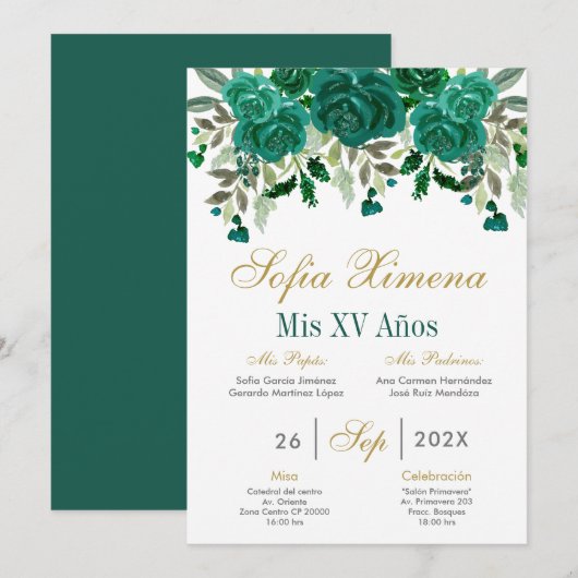 Invitation Quinceanera verte d'Emeraude (Devant / Derrière)
