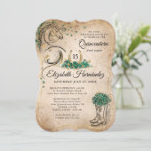 Invitation Quinceañera verte et or Rustique Horse Anniversair (Debout devant)
