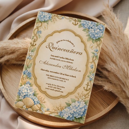 Invitation Quinceañera Vintage Côtière Hydrangea
