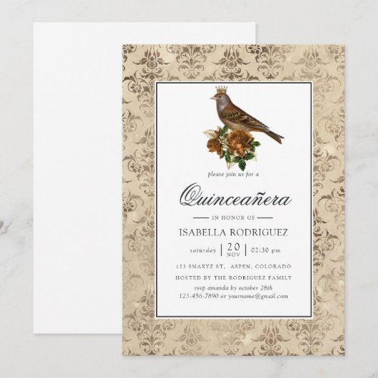 Invitation Quinceañera Vintage de la Forêt (Devant / Derrière)