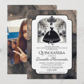 Invitation Quinceañera Vintage noire et blanche (Devant / Derrière)